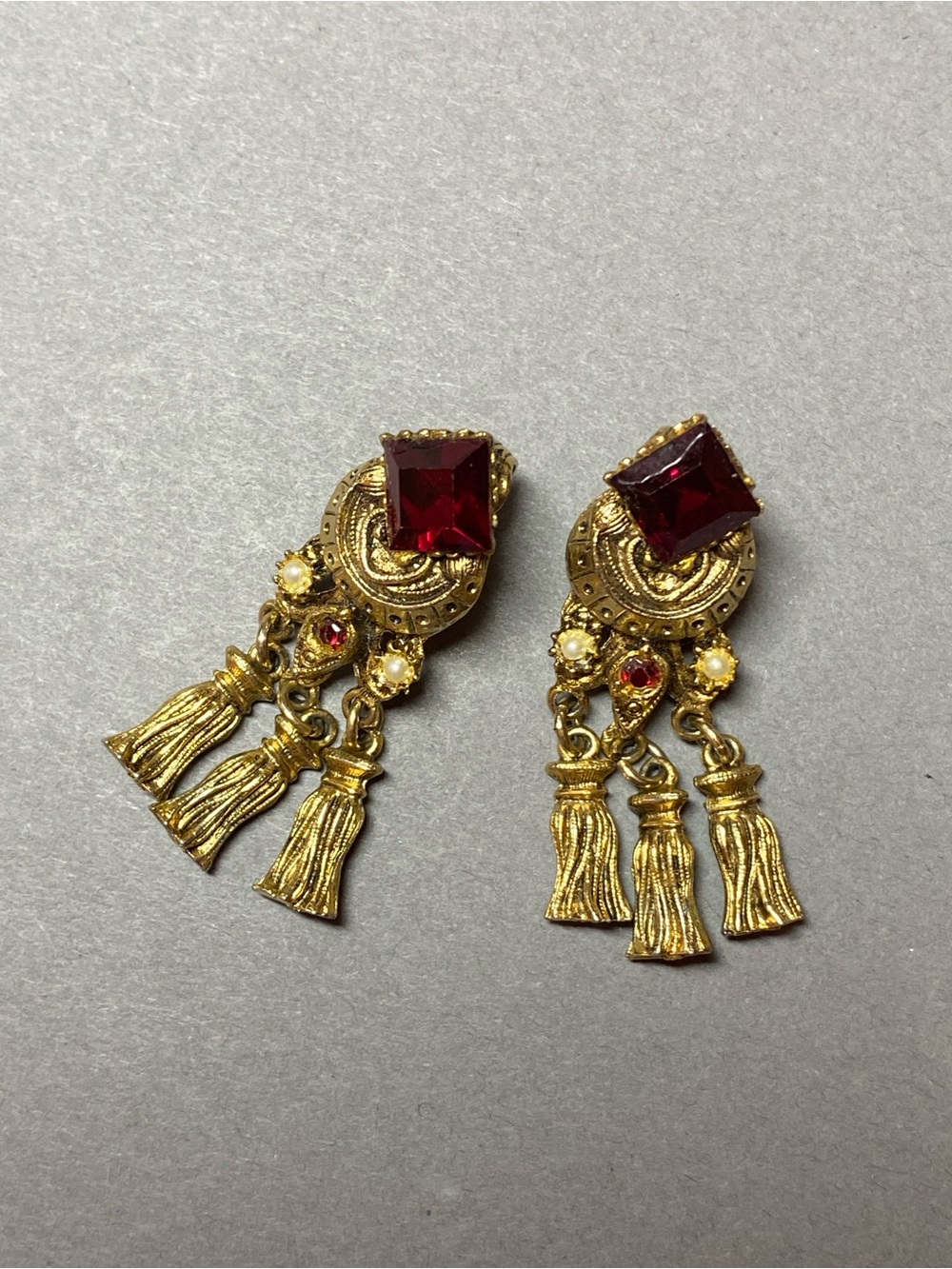 Vintage red rhinestone tassel clip earrings